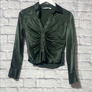 Zara Dark Green Satin Ruched Blouse